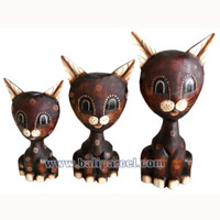 Wooden Cat Set Of 3 With Painted, Hand Carved From Albesia Wood