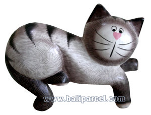 Wooden Cat With Painted, Hand Carved From Albesia Wood