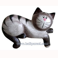 Wooden Cat With Painted, Hand Carved From Albesia Wood