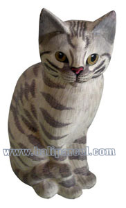 Wooden Cat With Painted, Hand Carved From Albesia Wood