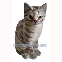 Wooden Cat With Painted, Hand Carved From Albesia Wood