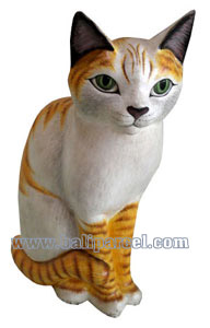 Wooden Cat With Painted, Hand Carved From Albesia Wood