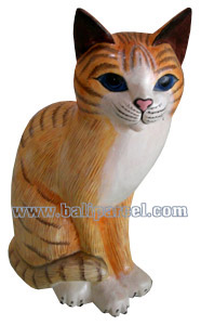 Wooden Cat With Painted, Hand Carved From Albesia Wood