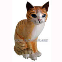 Wooden Cat With Painted, Hand Carved From Albesia Wood