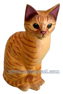 Wooden Cat With Painted, Hand Carved From Albesia Wood