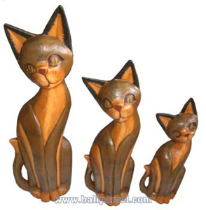 Wooden Cat Set Of 3 With Painted, Hand Carved From Albesia Wood