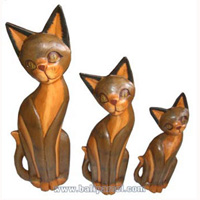 Wooden Cat Set Of 3 With Painted, Hand Carved From Albesia Wood