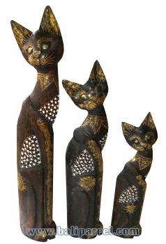 Wooden Cat Set Of 3 With Painted, Hand Carved From Albesia Wood