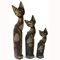 Wooden Cat Set Of 3 With Painted, Hand Carved From Albesia Wood