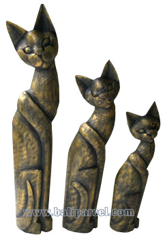 Wooden Cat Set Of 3 With Painted, Hand Carved From Albesia Wood
