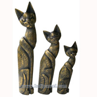 Wooden Cat Set Of 3 With Painted, Hand Carved From Albesia Wood