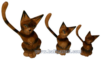 Wooden Cat Set Of 3 With Painted, Hand Carved From Albesia Wood