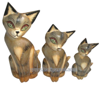 Wooden Cat Set Of 3 With Painted, Hand Carved From Albesia Wood