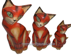 Wooden Cat Set Of 3 With Painted, Hand Carved From Albesia Wood