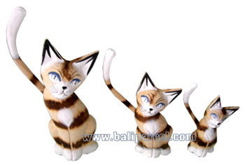 Wooden Cat Set Of 3 With Painted, Hand Carved From Albesia Wood