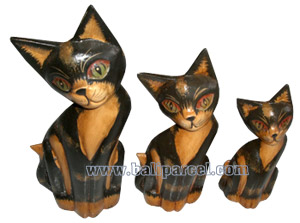 Wooden Cat Set Of 3 With Painted, Hand Carved From Albesia Wood
