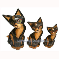 Wooden Cat Set Of 3 With Painted, Hand Carved From Albesia Wood