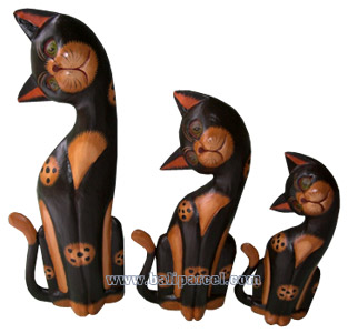 Wooden Cat Set Of 3 With Painted, Hand Carved From Albesia Wood