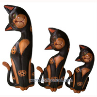Wooden Cat Set Of 3 With Painted, Hand Carved From Albesia Wood