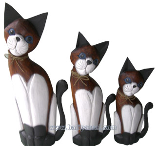 Wooden Cat Set Of 3 With Painted, Hand Carved From Albesia Wood