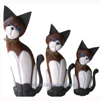 Wooden Cat Set Of 3 With Painted, Hand Carved From Albesia Wood