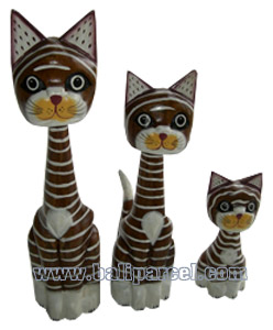Wooden Cat Set Of 3 With Painted, Hand Carved From Albesia Wood
