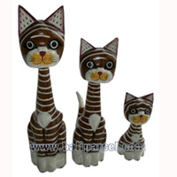 Wooden Cat Set Of 3 With Painted, Hand Carved From Albesia Wood