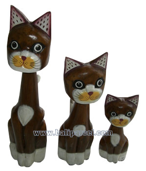 Wooden Cat Set Of 3 With Painted, Hand Carved From Albesia Wood