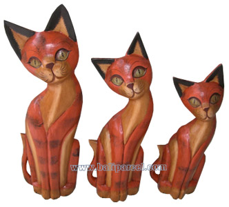 Wooden Cat Set Of 3 With Painted, Hand Carved From Albesia Wood
