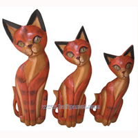 Wooden Cat Set Of 3 With Painted, Hand Carved From Albesia Wood