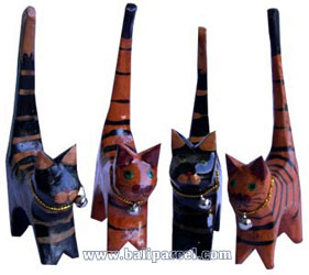 Wooden Cat Set Of 4 With Painted, Hand Carved From Albesia Wood
