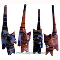 Wooden Cat Set Of 4 With Painted, Hand Carved From Albesia Wood