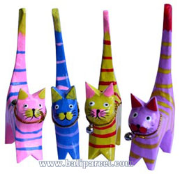Wooden Cat Set Of 4 With Painted, Hand Carved From Albesia Wood