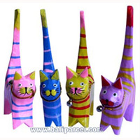 Wooden Cat Set Of 4 With Painted, Hand Carved From Albesia Wood