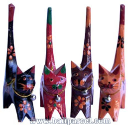 Wooden Cat Set Of 4 With Painted, Hand Carved From Albesia Wood