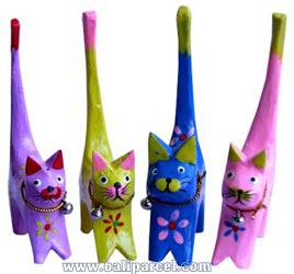 Wooden Cat Set Of 4 With Painted, Hand Carved From Albesia Wood