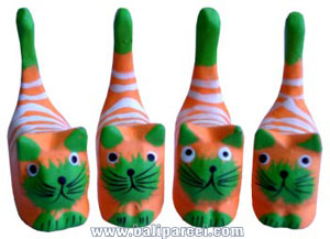 Wooden Cat Set Of 4 With Painted, Hand Carved From Albesia Wood