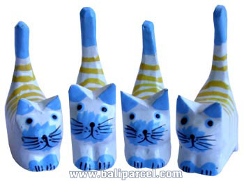 Wooden Cat Set Of 4 With Painted, Hand Carved From Albesia Wood