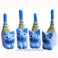 Wooden Cat Set Of 4 With Painted, Hand Carved From Albesia Wood