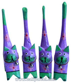 Wooden Cat Set Of 4 With Painted, Hand Carved From Albesia Wood
