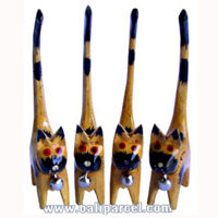 Wooden Cat Set Of 4 With Painted, Hand Carved From Albesia Wood