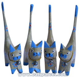 Wooden Cat Set Of 4 With Painted, Hand Carved From Albesia Wood