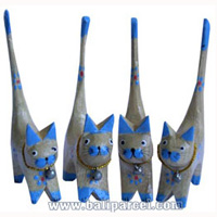Wooden Cat Set Of 4 With Painted, Hand Carved From Albesia Wood