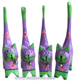 Wooden Cat Set Of 4 With Painted, Hand Carved From Albesia Wood