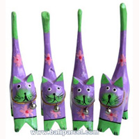 Wooden Cat Set Of 4 With Painted, Hand Carved From Albesia Wood
