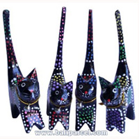 Wooden Cat Set Of 4 With Painted, Hand Carved From Albesia Wood