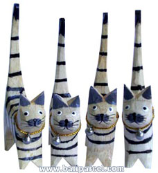 Wooden Cat Set Of 4 With Painted, Hand Carved From Albesia Wood