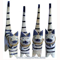 Wooden Cat Set Of 4 With Painted, Hand Carved From Albesia Wood