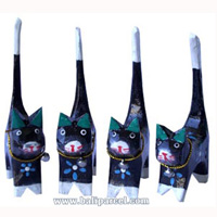 Wooden Cat Set Of 4 With Painted, Hand Carved From Albesia Wood