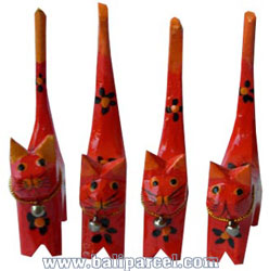 Wooden Cat Set Of 4 With Painted, Hand Carved From Albesia Wood